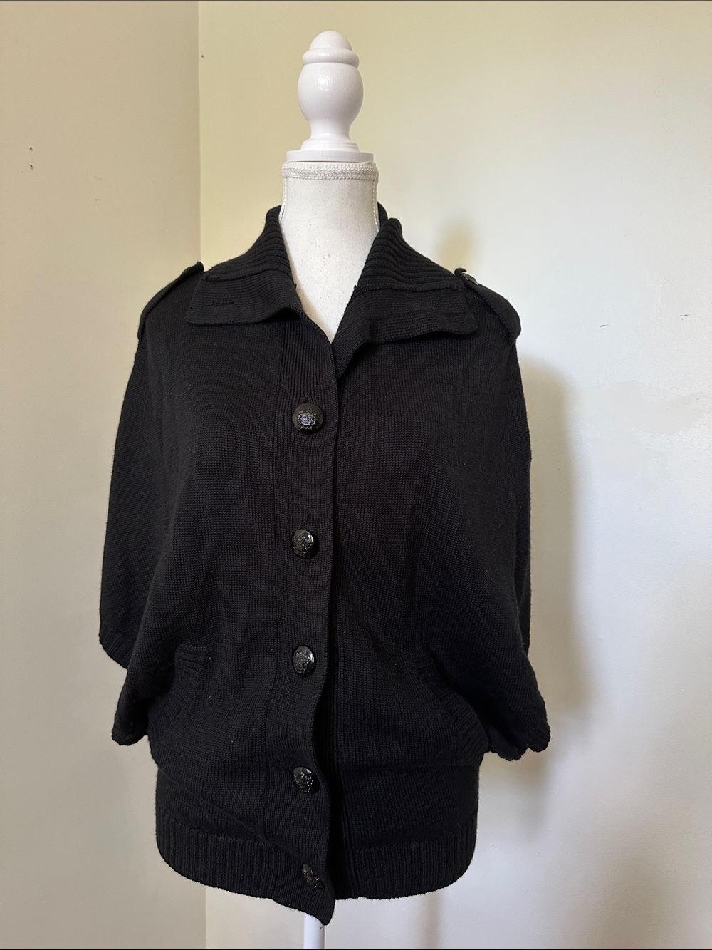 JOE FRESH Black Wool Blend Bat Wing Sleeve Preppy Collared Cardigan Small